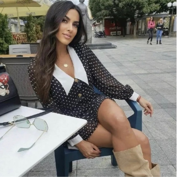 ZARA bloggers favourite Poka Dot Mini Dress With Gold Button black white - Picture 2 of 15